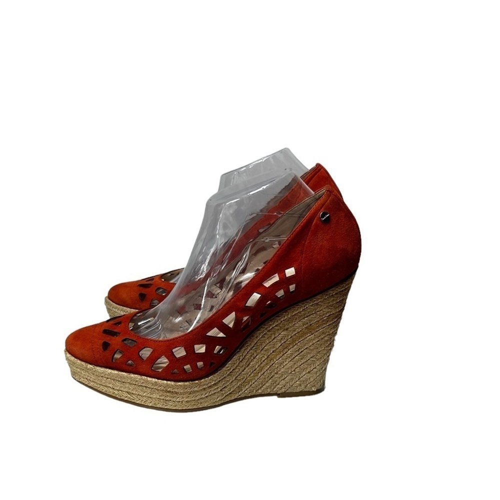 Calvin Klein Burnt Orange Viktoria Suede Espadrille Wedge Sandal Lasercut Size 9 - Picture 4 of 16